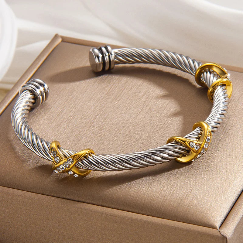 1pcs Stainless Steel Gold-plated Bangle Trendy Retro Hip-hop Style Bracelet Fried Dough Twists Steel Wire Rope Colorfast Bangle Vera Lux