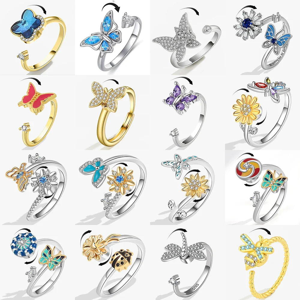 Rotating Anxiety Knuckle Ring For Women Spinner Fidgets Cute Animal Butterfly Flower Anti Stress Ring Party Jewelry Gifts Anillo Vera Lux