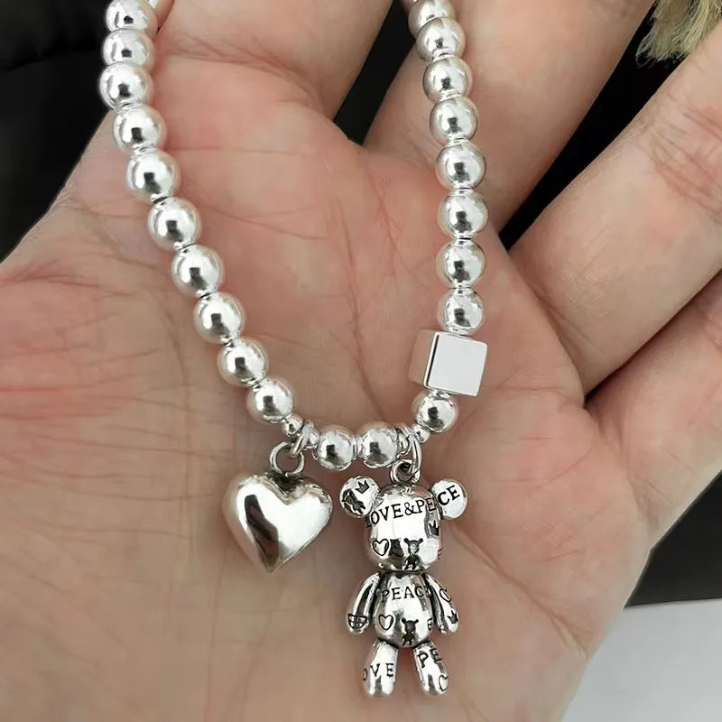 925 Sterling Silver Bracelets for Women String of Beads Accessories Trend Vintage Simple Cute Bear Pendant Party Jewelry Vera Lux