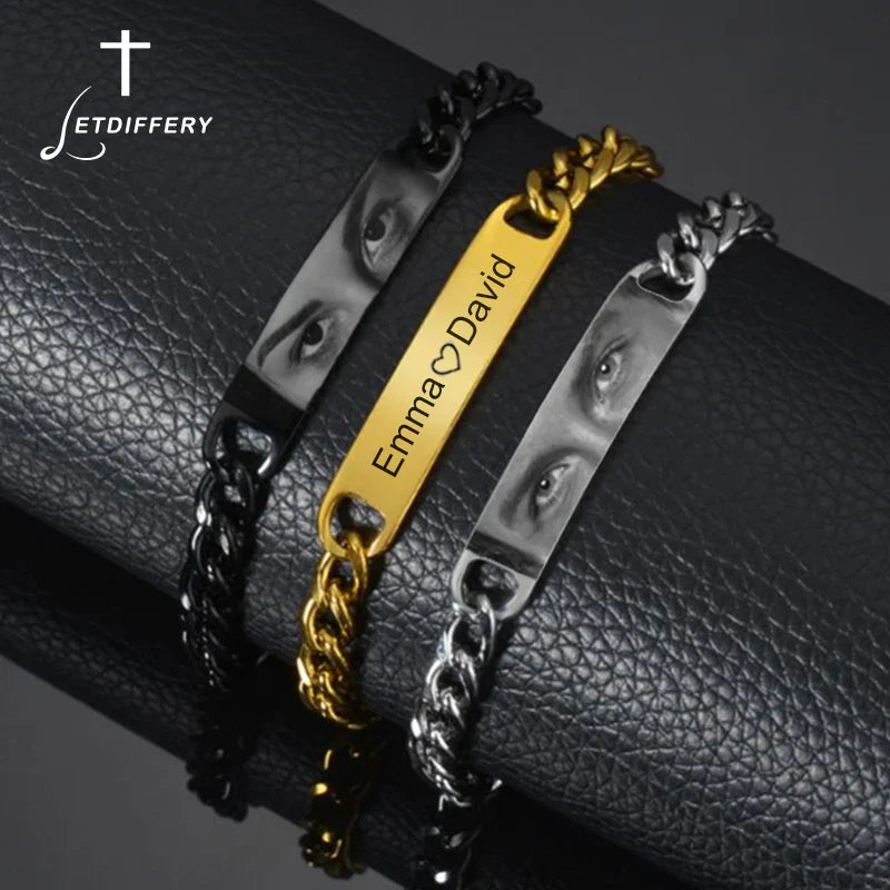 Letdiffery Personalized Eyes Photo Bracelets Stainless Steel Custom Laser Engrave Picture Name Date Men Women Kids Bracelet Gift Vera Lux