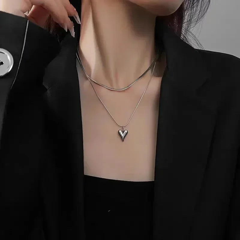 LATS Double Layered Love Heart Pendant Necklace for Women Silver Color Simple Neck Chain Choker Fashion Jewelry Birthday Gifts Vera Lux