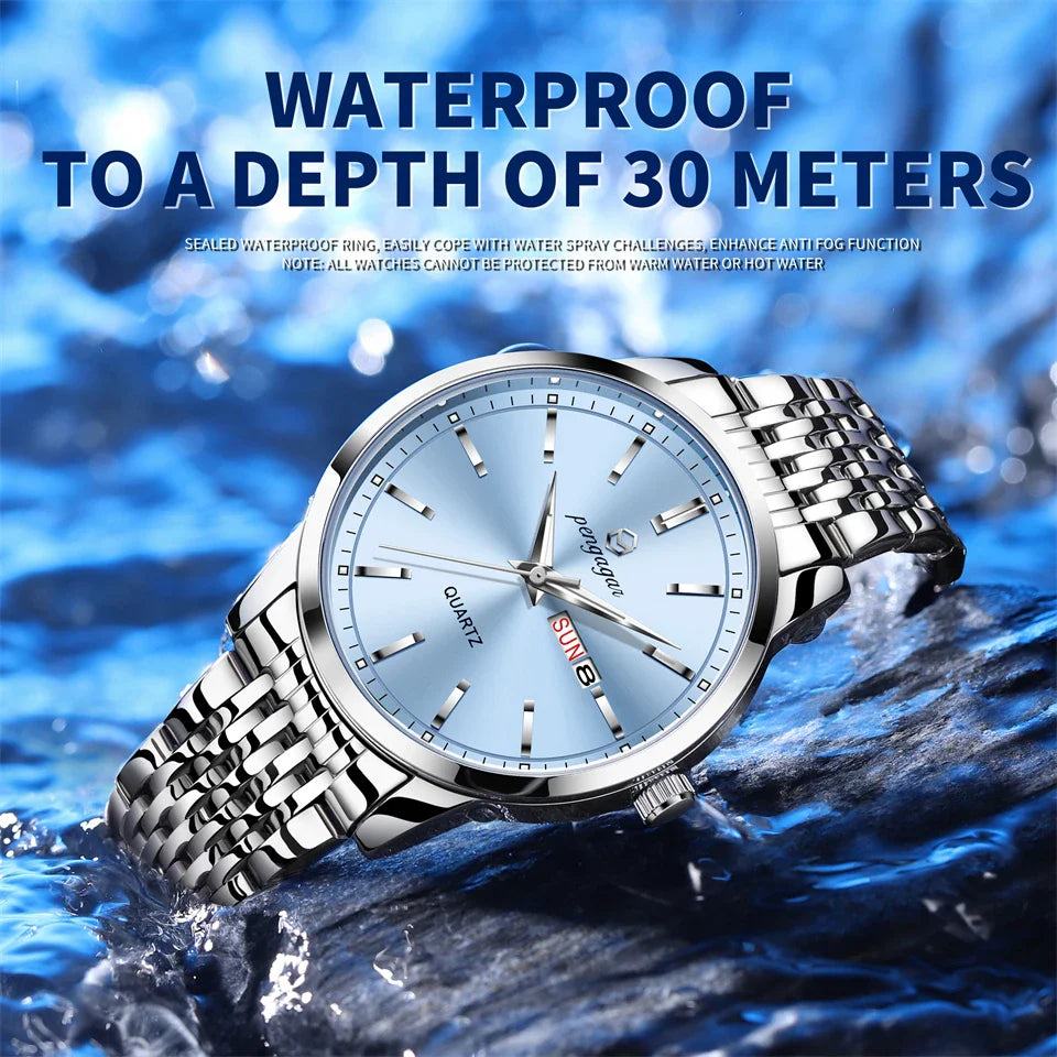 PENGAGAR Luxury Watch For Man Waterproof Luminous Date Week Stainless Steel Men Watch Casual Quartz Men's Watches Male Clock+box Vera Lux