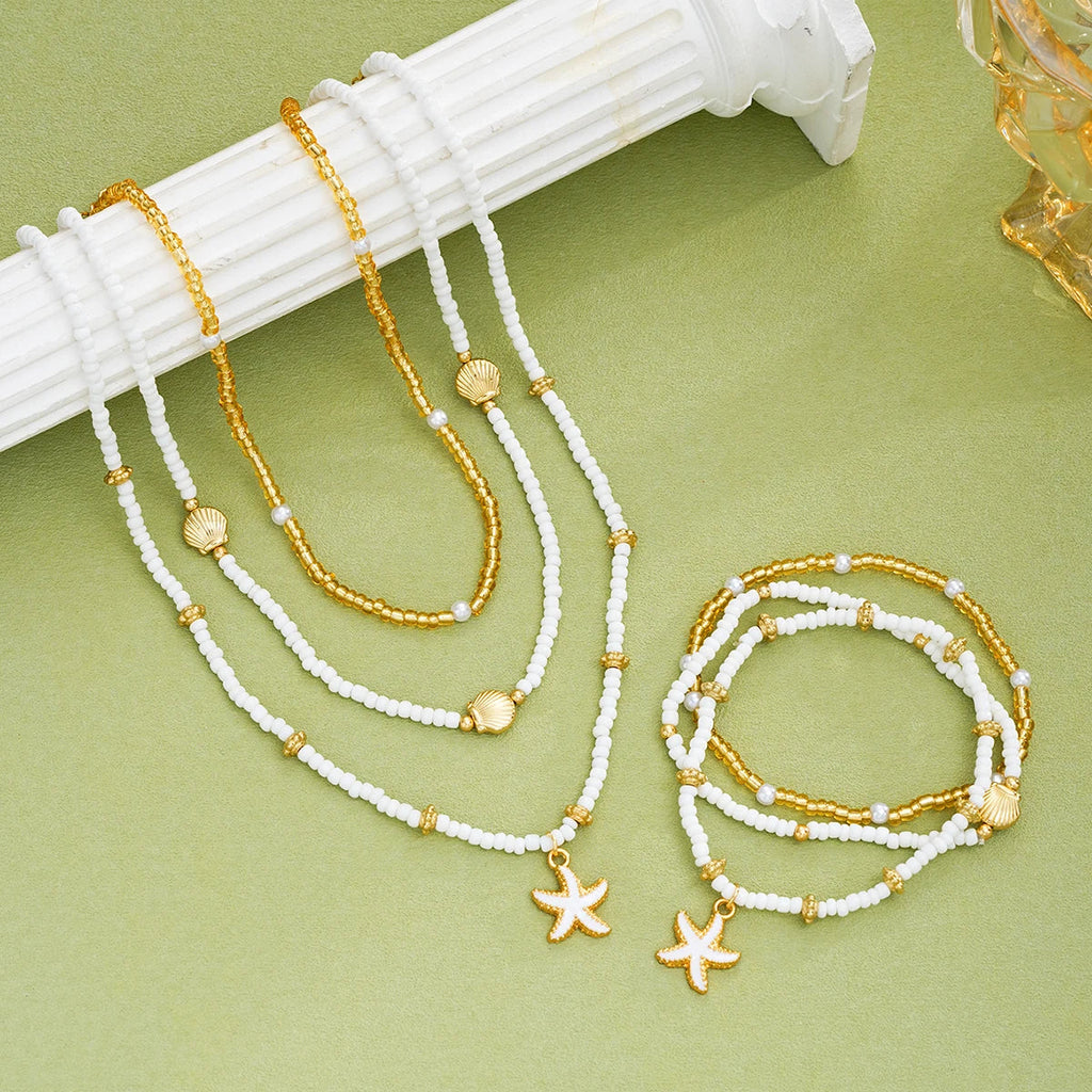 6Pcs/Set Rice Beaded Shell Starfish Pendant Necklace Bracelets Bohemian Elegant Gold White Color Jewelry Set Holiday Accessories Vera Lux