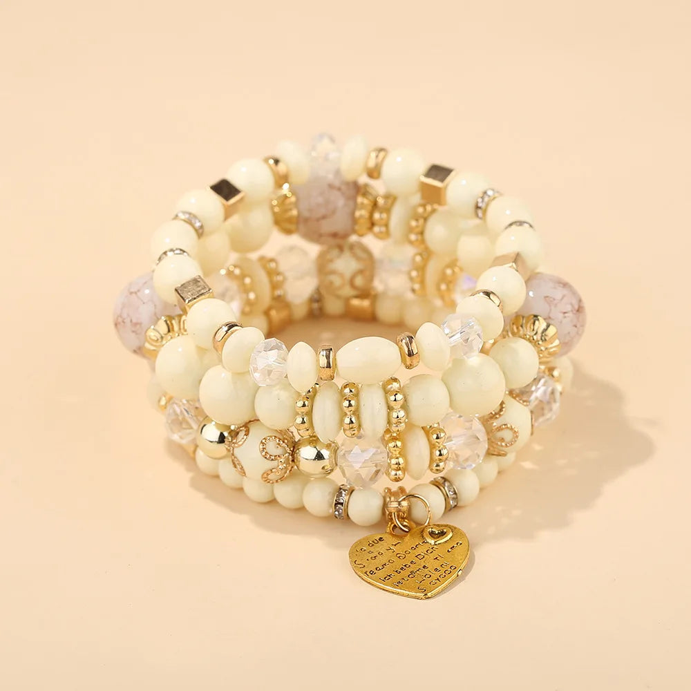 4Pcs Boho Crystal Beads Chain Bracelet Set For Women Vintage Heart Charm Elastic Bangle Female Fashion Party Jewelry Vera Lux