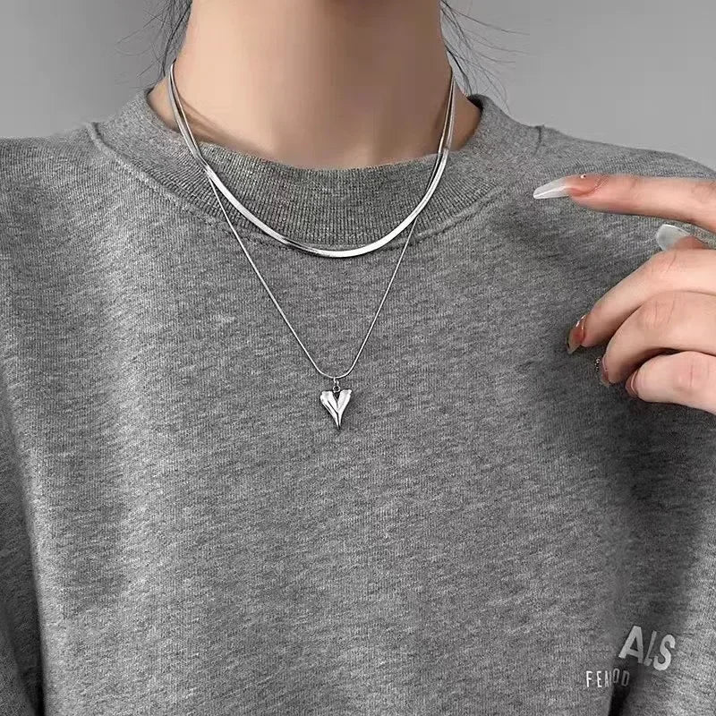 LATS Double Layered Love Heart Pendant Necklace for Women Silver Color Simple Neck Chain Choker Fashion Jewelry Birthday Gifts Vera Lux