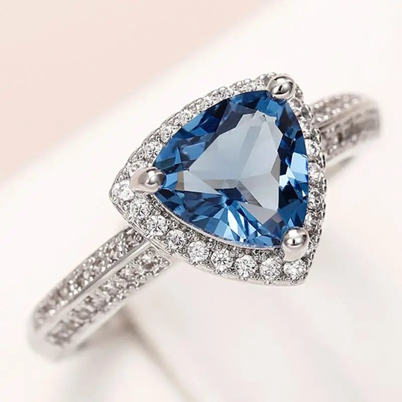 925 Sterling Silver Luxury Dark Blue Zircon Triangle Rings for Women Fashion Classic Engagement Wedding Jewelry Anniversary Gift Vera Lux