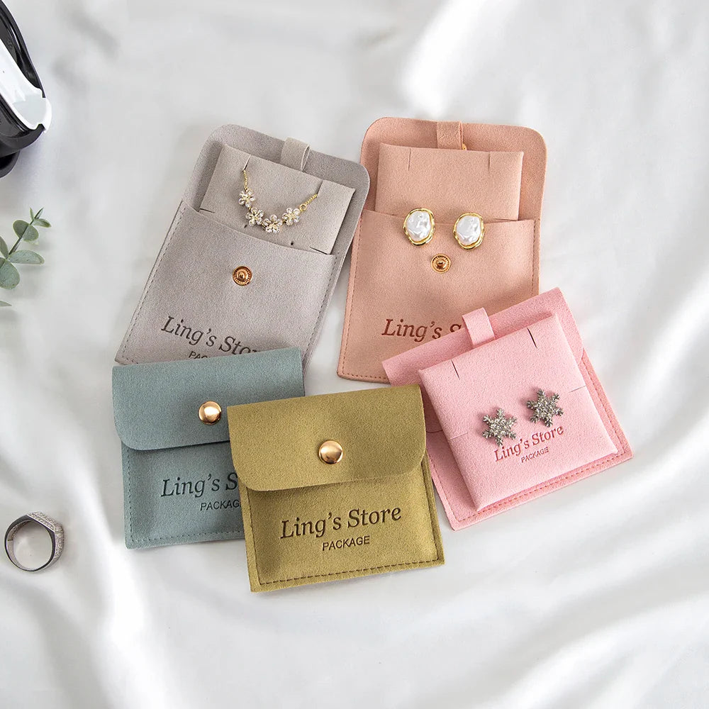 20/50/100Sets Personalized Logo Jewelry Microfiber Snap Bag 8x8cm Button Pouch Insert Luxury 6x6cm Cards Can Debossed Print Name Vera Lux