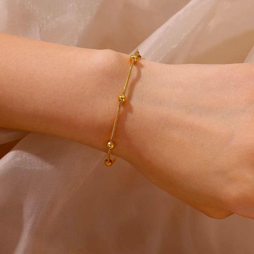Stainless Steel Beaded Round Snake Chain Bracelets For Women Gold Color Geometric Bracelet Luxury Wedding Party Jewelry Gift Vera Lux