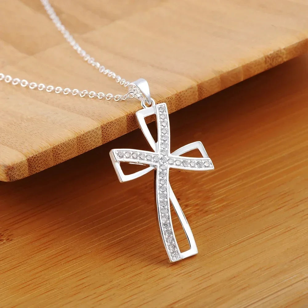Promotions 45cm 925 sterling silver necklace charm for women cyrstal Cross pendant chain jewelry fashion cute wedding party Vera Lux