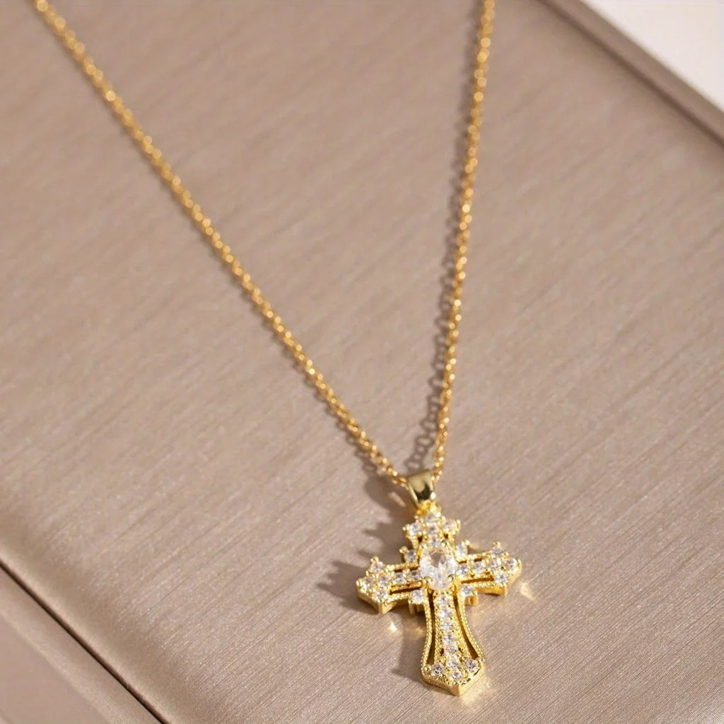 1Pcs Cross Necklace Pendant Religious Blessing Stainless Steel Sturdy Gold Necklace Water Diamond Inlay Trendy Fashion Vera Lux