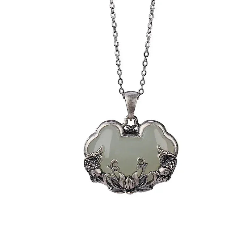 925 silver Natural Hotan Jade fish-shaped Lotus flower necklace Retro Chinese style Ruyi Pendant clavicle chain jewelry Femstylo