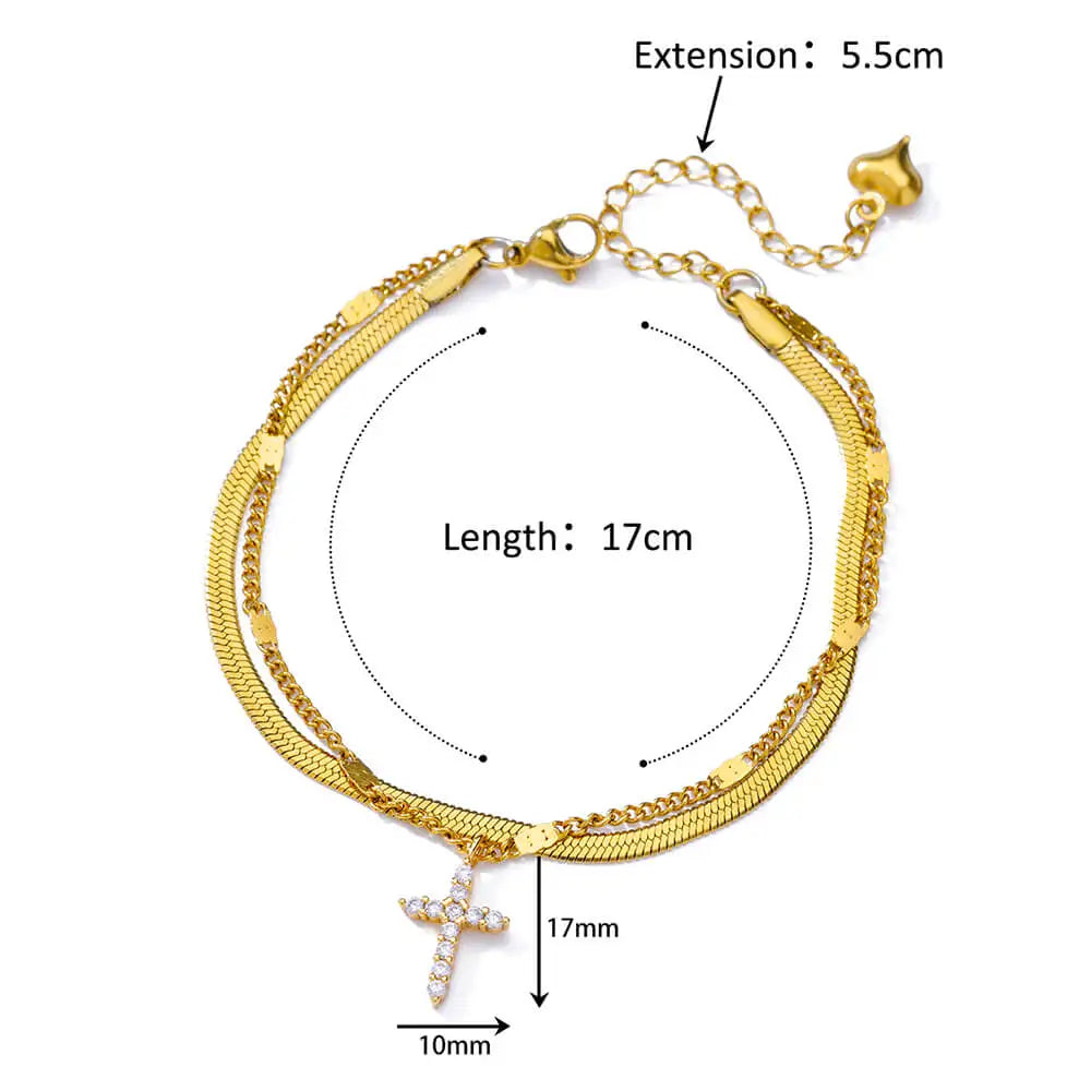 Zircon Cross Anklets For Women Gold Color Stainless Steel Cross Anklet Double Chain Summer Beach Party Jewelry Gift Accessories Vera Lux