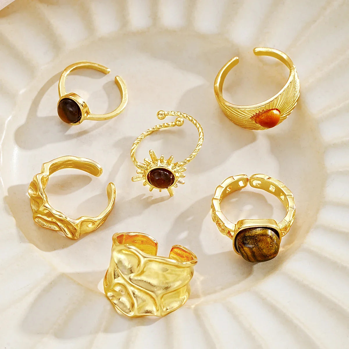 6pcs Sunflower Tiger Eye Stone Ring Set for Women Vintage Irregular Gold Color Aesthetic Open Rings Fashion Party Jewelry Gifts Vera Lux