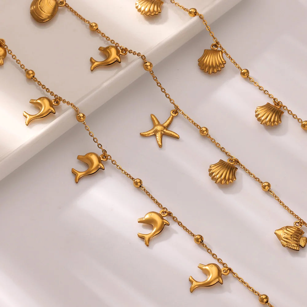 Summer Beach Stainless Steel Gold Color Chain Anklet For Women Starfish Shell Dolphin Fish Charm Ankle Bracelet Jewelry Gift Vera Lux