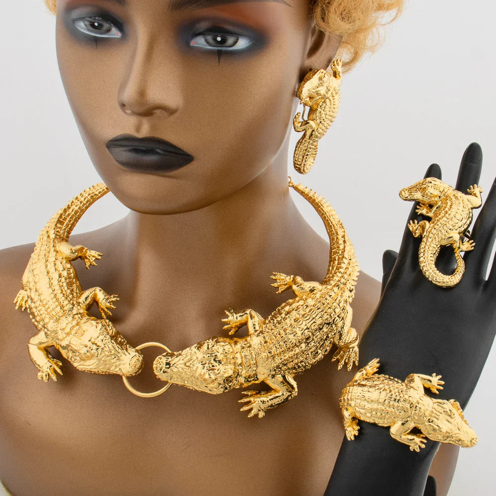 African Large Crocodile Jewelry Set for Women Lady Big Necklace Arab Gold Color Earrings Bracelet Bride Wife Anniversary Gift Vera Lux