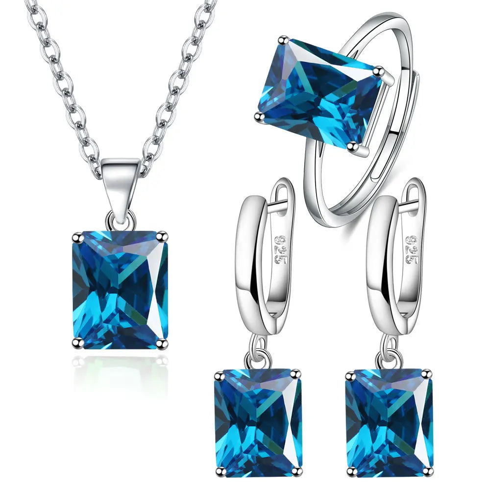 925 Sterling Silver  Elegant Jewelry Sets Ring Earrings Necklace For Women Rectangle Geometry Zircon Wedding Accessories Vera Lux