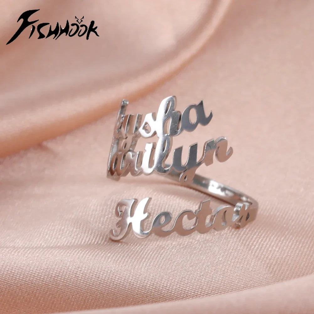Custom Double First Name Finger Ring For Women Men Personalized Couple Family Gift Gold Color Stainless Steel Metal Jewelry Vera Lux