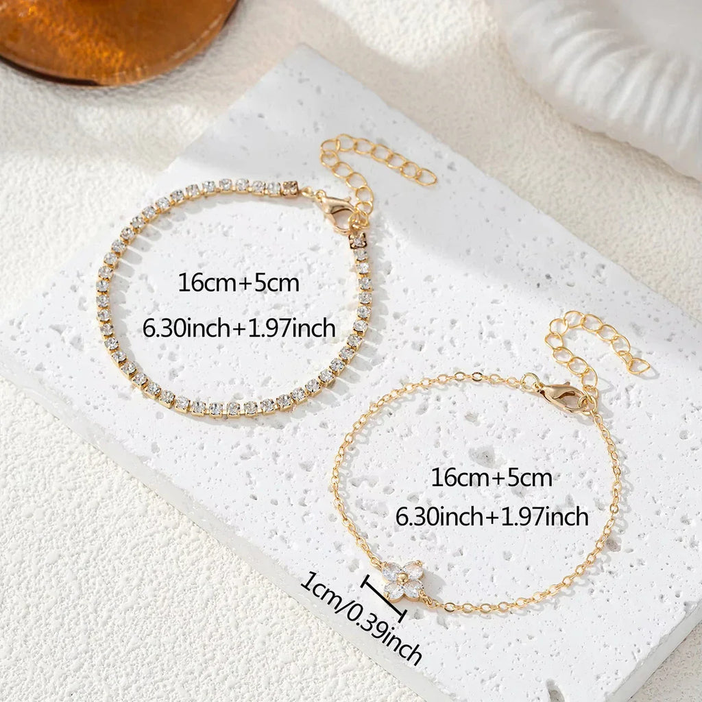 2pcs Simple Cubic Zirconia Flower Water Chain Women's Bracelet Set Daily Minimalist Silver Color Bracelet Party Fashion Jewelry Vera Lux
