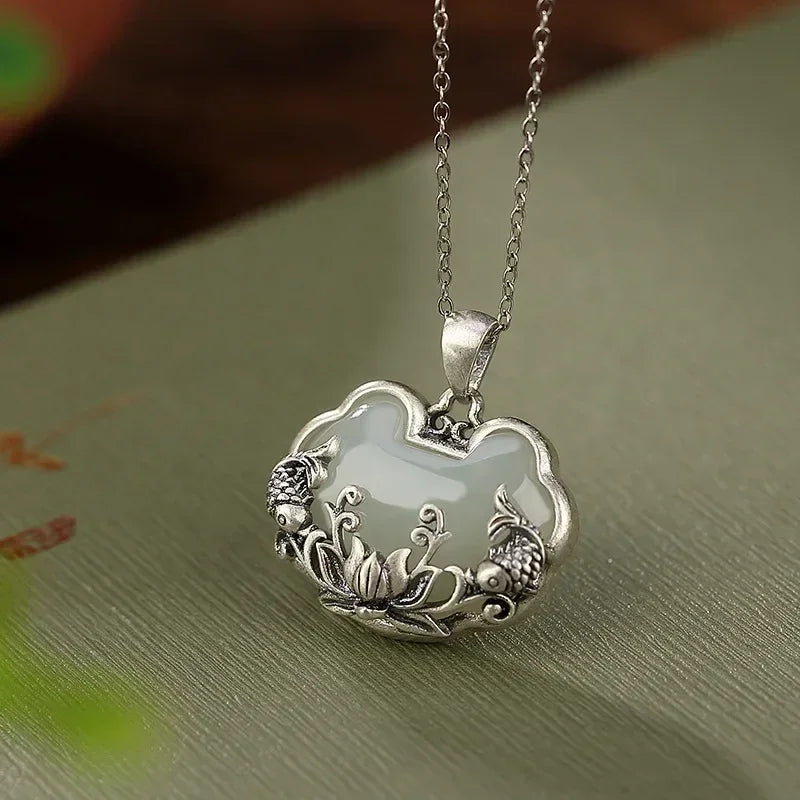 925 silver Natural Hotan Jade fish-shaped Lotus flower necklace Retro Chinese style Ruyi Pendant clavicle chain jewelry Femstylo