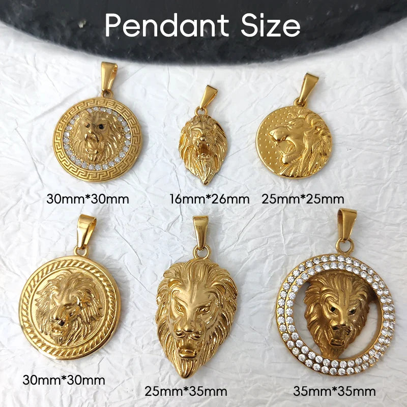 Men's Rock Hip Hop Crystal Inlay Lion Head Pendant Fashion Creative Stainless Steel Gold Color Party Club Charm Jewelry Vera Lux