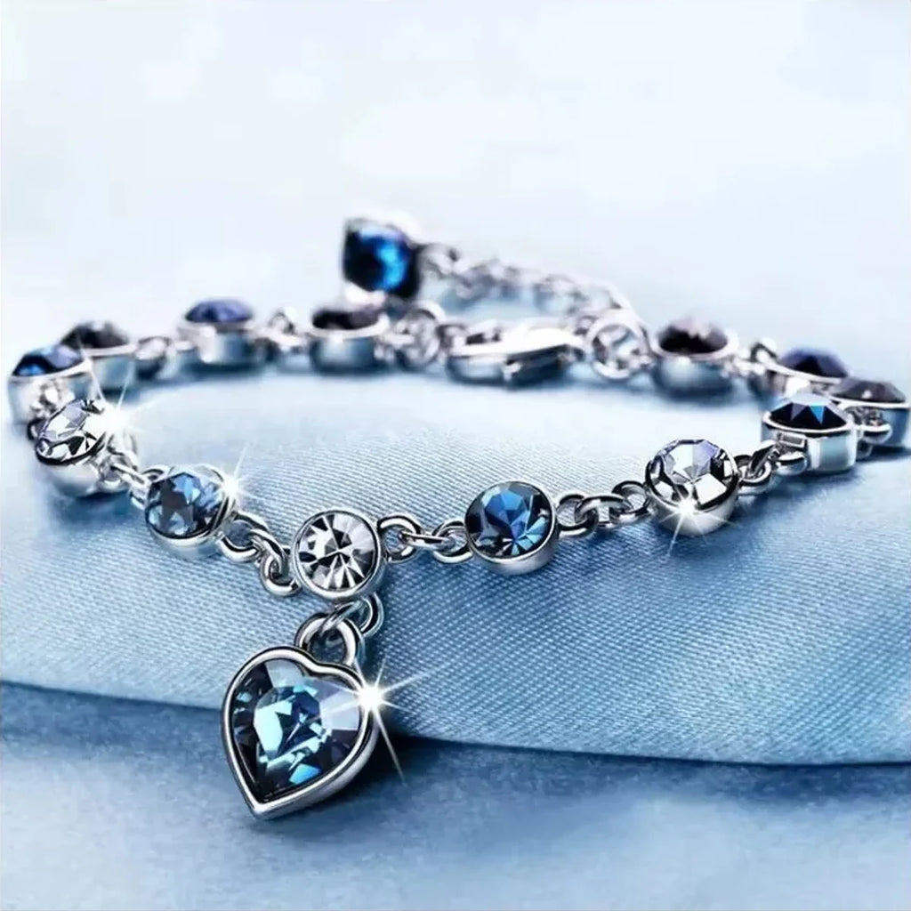 Women Silver Color Lucky Bracelet Female Blue Crystal Heart Charm Pulseras Bracelet Bridal Wedding Engagement Fine Jewelry Gift Vera Lux
