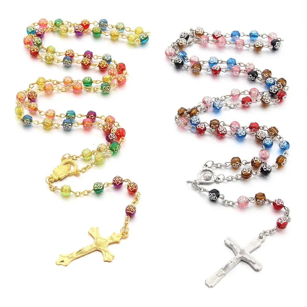 Catholic Rosary Bead Necklace For Women Gold Color Long Chain Crucifix Cross Pendant Female Religious Prayer Jewelry Vera Lux