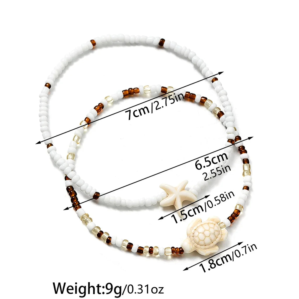 2 Bohemian style turquoise starfish turtle ankle chains, double-layer layered mixed color rice bead beach ankle chains Vera Lux