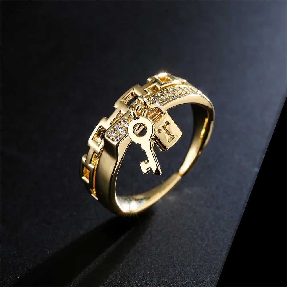 NEWBUY Fashion Gold Color Copper Wedding Jewelry Luxury AAA CZ Zircon Lock & Key Charm Finger Ring Adjustable For Women Girl Vera Lux