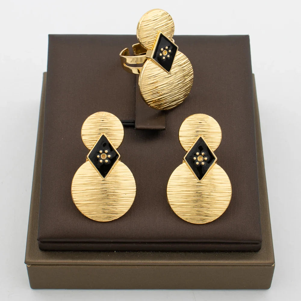 Luxury Tassel Earrings with Ring Set for Dubai African Gold Color and Black Color Matching Jewelry Set Square Design Earrings Vera Lux
