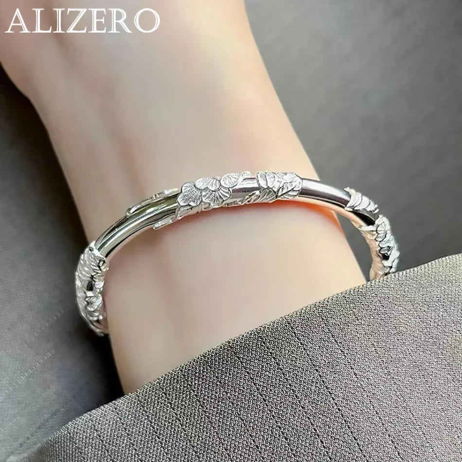 ALIZERO 925 Sterling Silver Full-blown Flowers Bangle Bracelet For Women's Delicate Open Adjustable Bracelets Fashion Jewelry Vera Lux