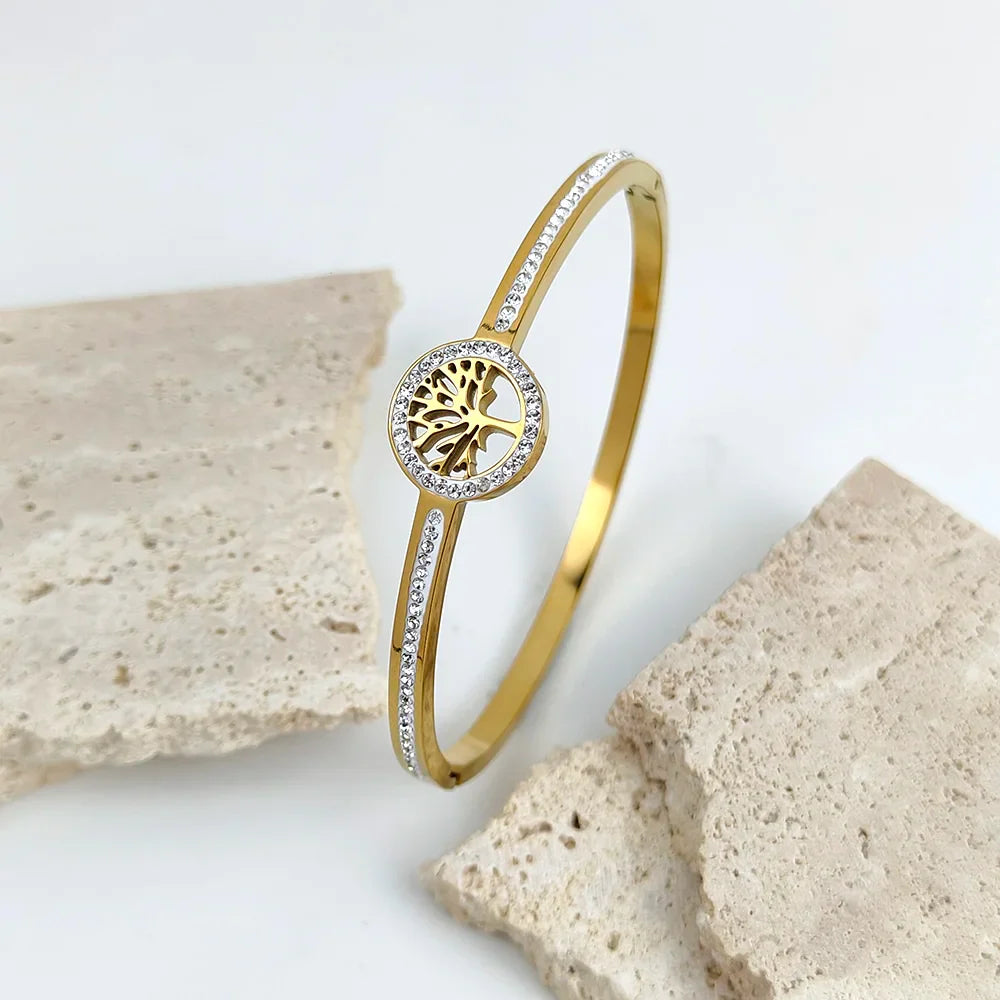 Luxury Stainless Steel Tree of Life Bangle for Women Men Crystal Zircon Bracelet Silver Gold Color Wrist Jewelry Accessories Vera Lux