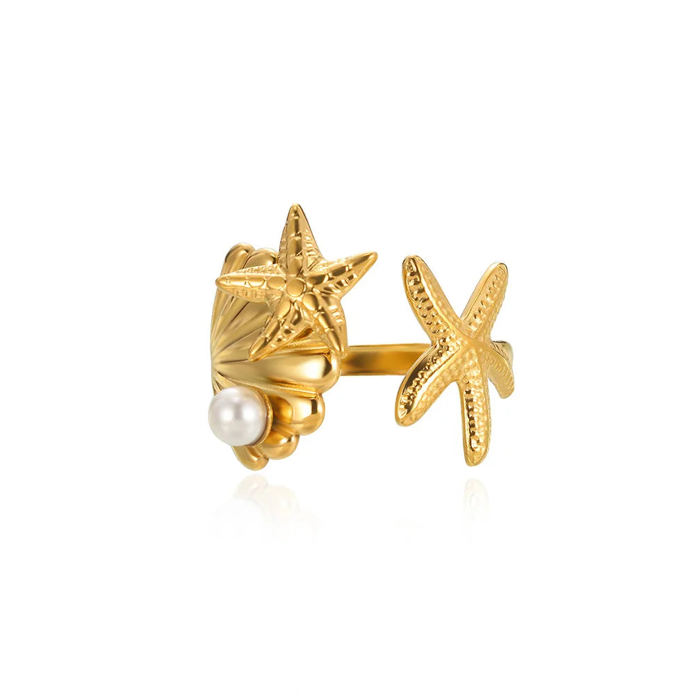 316L Stainless Steel Starfish Shell Rings for Women Gold Color Open Finger Ring Femme Trendy Summer Vacation Ocean Jewelry Gift Vera Lux