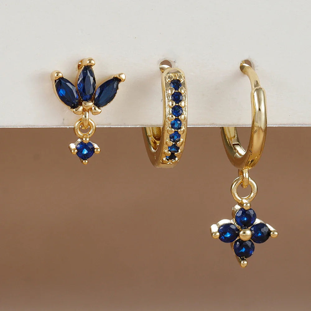 3PCS Fashion Orange Blue Zircon Hanging Earrings Set for Women Stainless Steel Flower Dangle Earring Piercing Jewelry Vera Lux