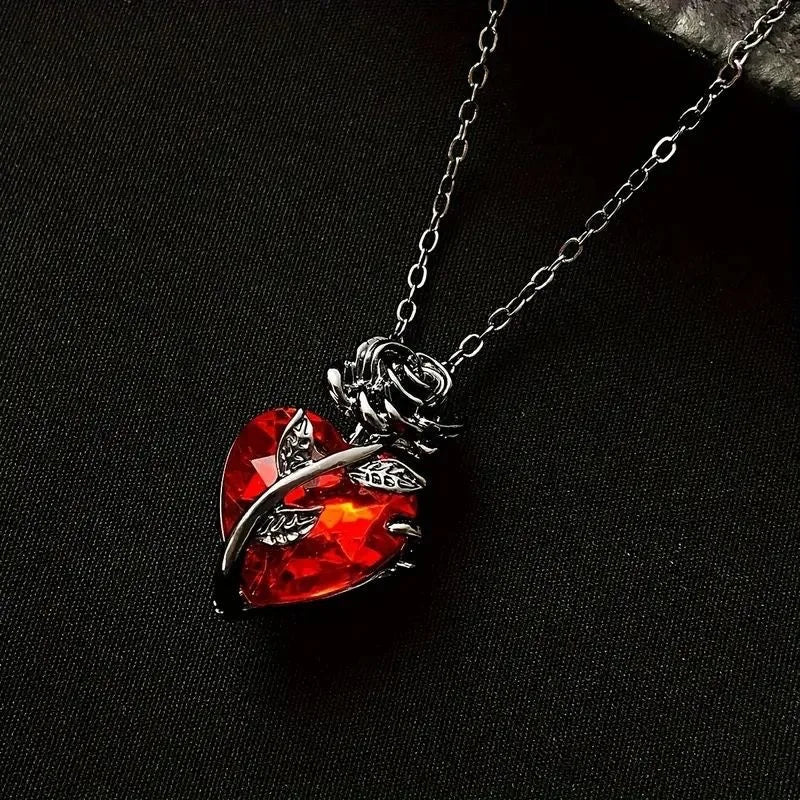Luxurious Red Crystal Heart Necklace, Vintage Black Rose Floral Pendant, Elegant Fashion Jewelry Gift for Women Vera Lux
