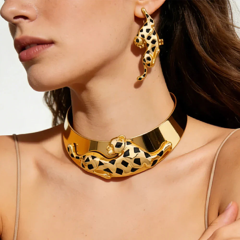 Woman Jewelry Set African Fashion Leopard Necklace Earrings 18K Gold Plated Animal Shape Bracelet Ring Copper Dubai Jewelry Gift Vera Lux