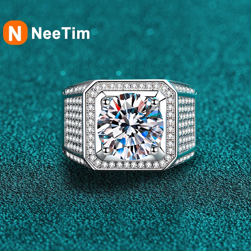 NeeTim D Color 10 Carat Moissanite Ring for Men S925 Sterling Silver Plated with White Gold Luxury Man Wedding Ring Fine Jewelry Vera Lux