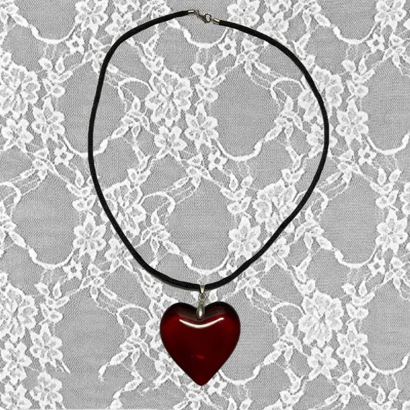 Big Red Glass Heart Pendant Black String Necklace For Women Pink Green Red AB Purple Crystal Stone Lovely Y2K Pendant Jewelry Vera Lux