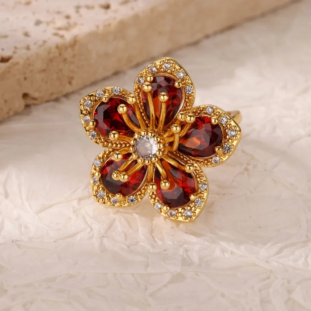 Luxury Colorful Zircon Flower Rings For Women Gold Color Stainless Steel Opening Ring Fashion Wedding Party Aesthetic Jewelry Vera Lux