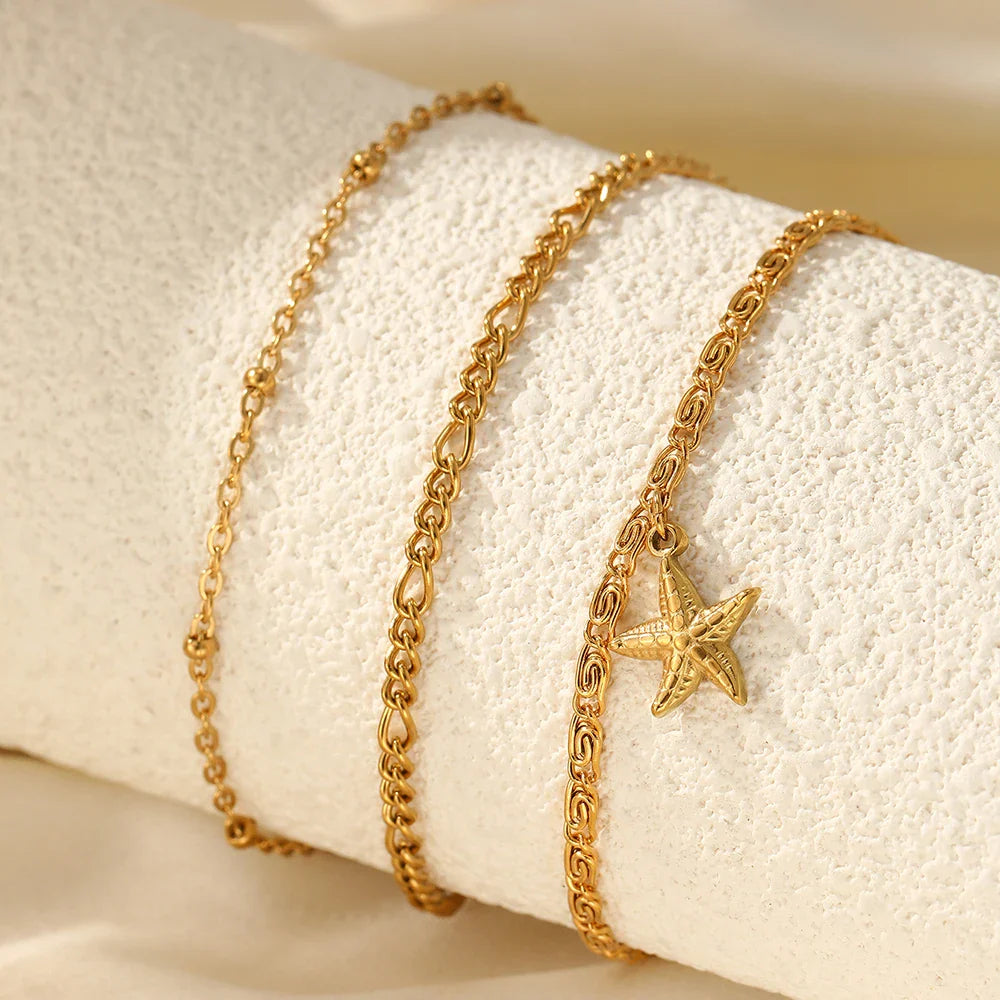 woiwoi Stainless Steel Anklet Starfish Triple Stacking Chain Light Luxury Fashion Elegant Ladies Anklet Jewelry Party  Match Vera Lux