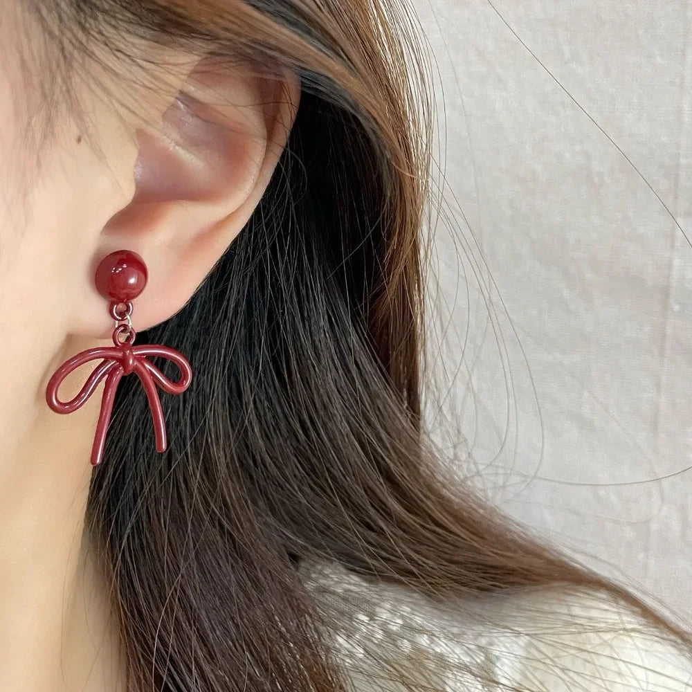 Retro Style Red Bowknot Stud Earrings for Women Girls Simple Earings Piercing Ballet Ribbon Aesthetics Elegant Ear Jewelry Gifts Vera Lux