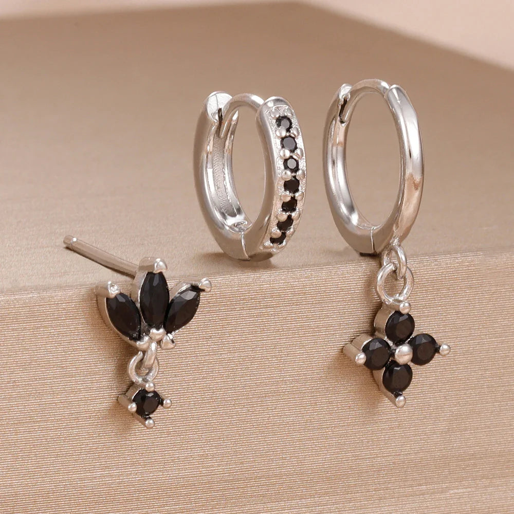 3PCS Fashion Orange Blue Zircon Hanging Earrings Set for Women Stainless Steel Flower Dangle Earring Piercing Jewelry Vera Lux