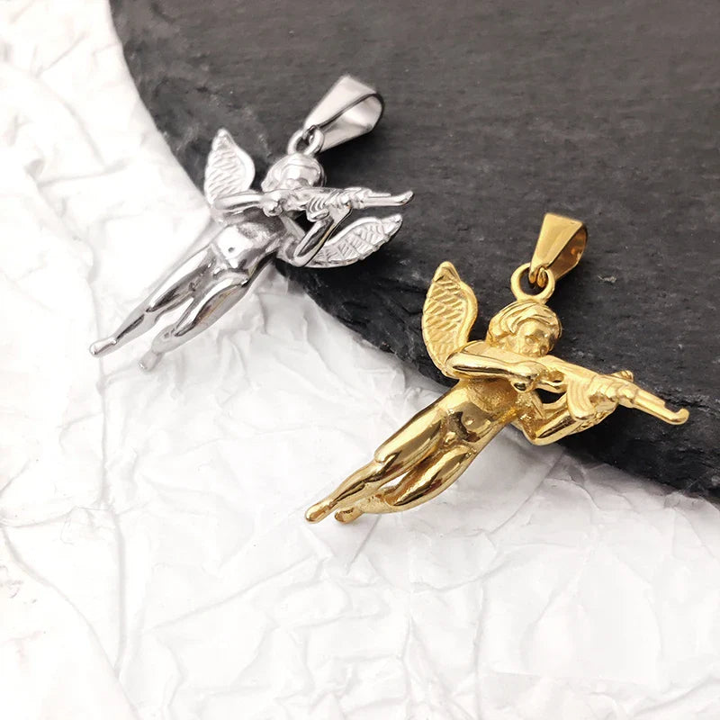 3D Angel with Gun Pendant Necklace for Men - 18K Gold Plated & 316L Steel Rope Chain Hip Hop Gothic Jewelry Gift Cupid's Reveng Vera Lux