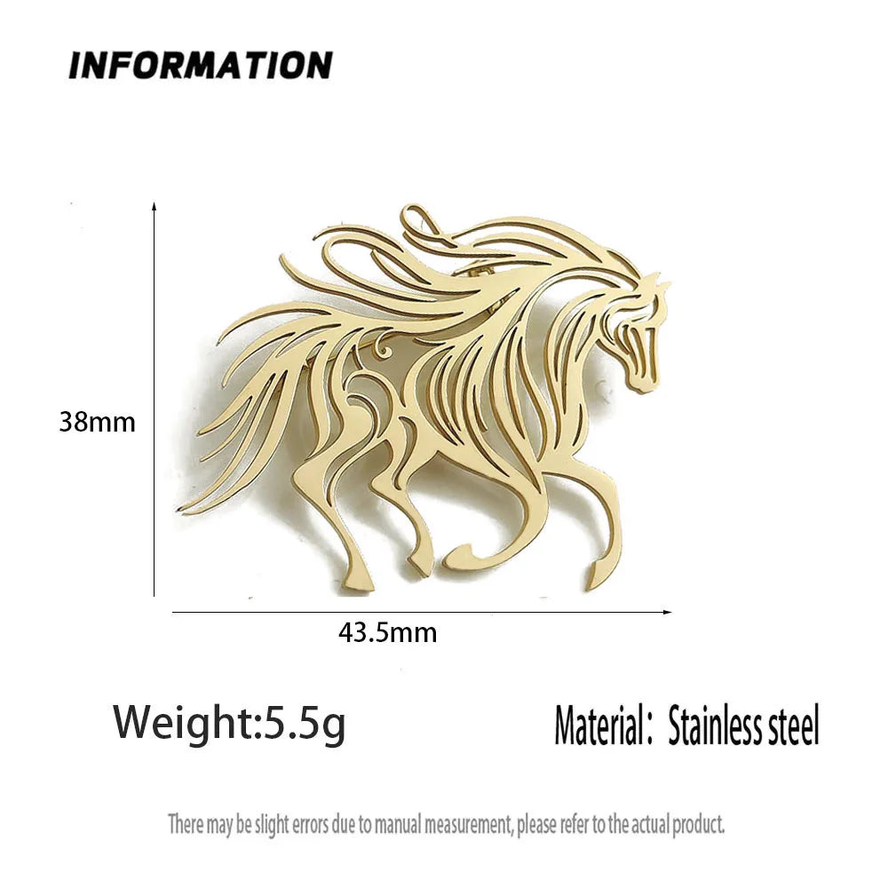 Original innovative running horse hollow stainless steel gold-plated 18K brooch, suit lapel pin, waterproof formal fittings Vera Lux