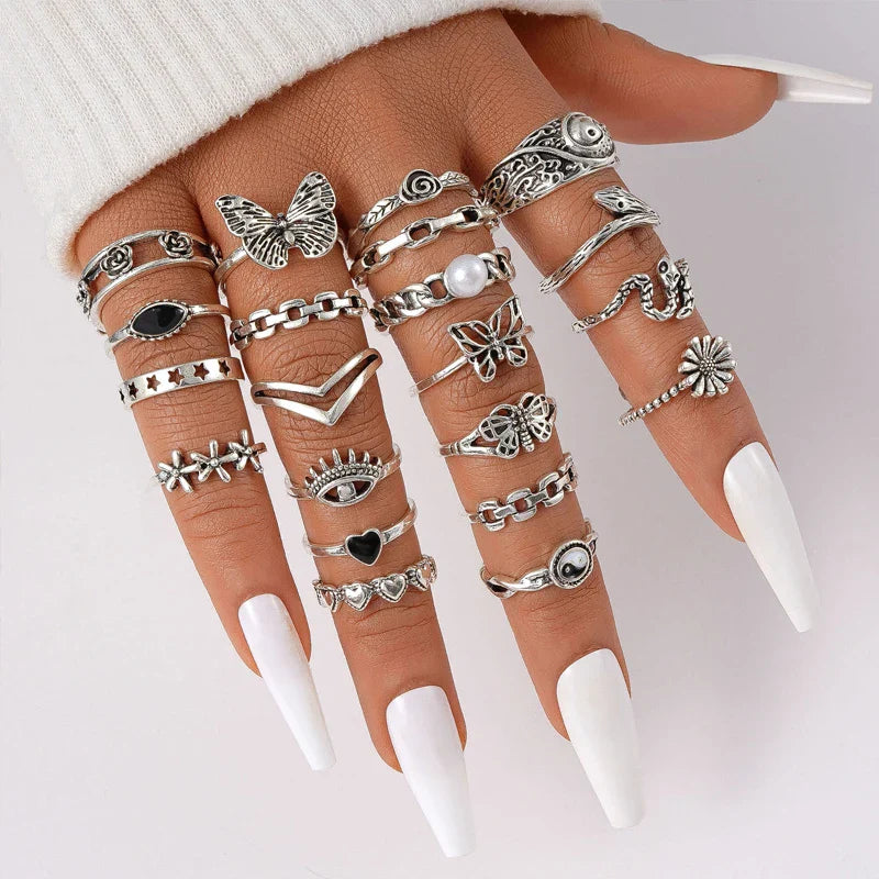 21 Pcs Gothic Rings Set for Women Fashion Simple Snake Butterfly Evil Eye Finger Ring Trendy Punk Jewelry Gifts 2024 New Vera Lux