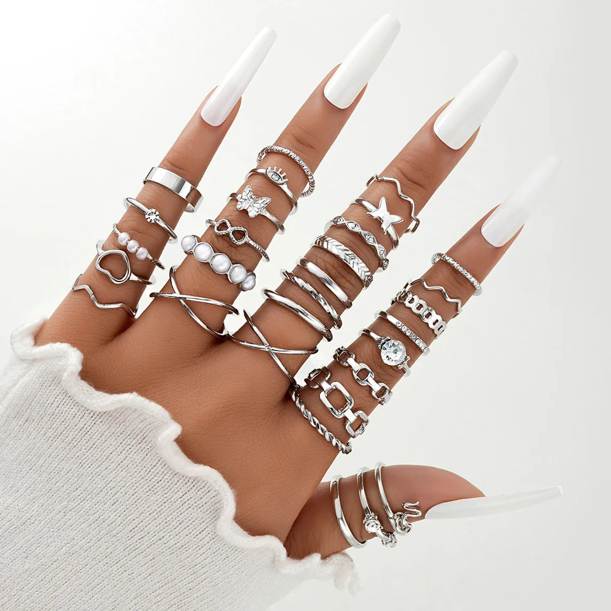 30 PCS Silver Color Geometric Ring Set For Women Vintage Heart Eye Cross Sun And Moon Leaf Charm Finger Ring Female Boho Jewelry Vera Lux