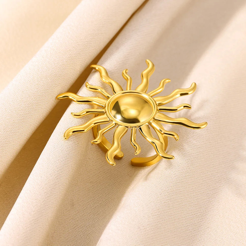Exaggerated Sun Rings For Women Gold Color Stainless Steel Sun Adjustable Ring Fashion Anniversary Party Lucky Jewelry Gift Vera Lux