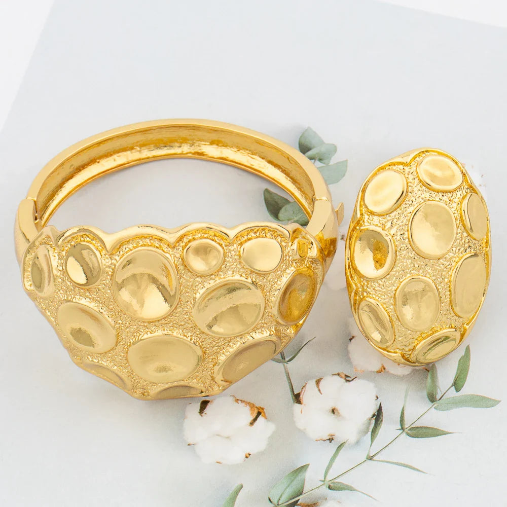 Large Hoop Bangle for Women Flower Italian Dubai Gold Color Bracelet Ring Jewelry Set Luxury Copper Fashion Birthday Party Gift Vera Lux