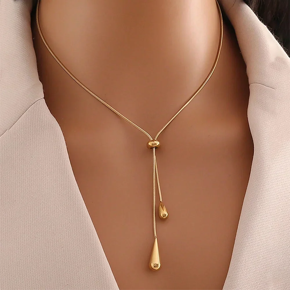 DOTIFI  Stainless Steel Pull Adjustable Water Drop Shape Tassel Charm Necklace Fashion Personality High-Grade Jewelry Gifts Vera Lux