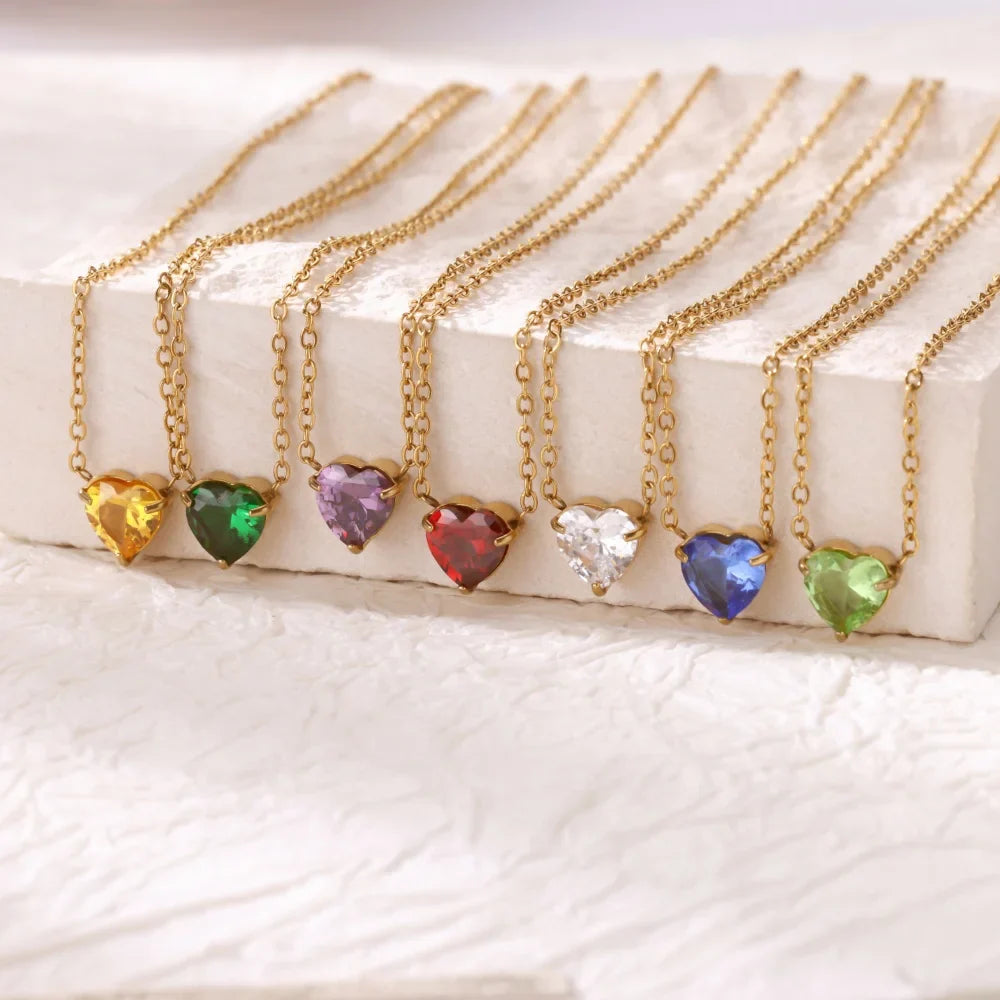Stainless Steel Birthstone Pendant Necklace for Women Fashion Heart Crystal Zircon Charm Clavicle Chain Birthday Party Jewelry Vera Lux