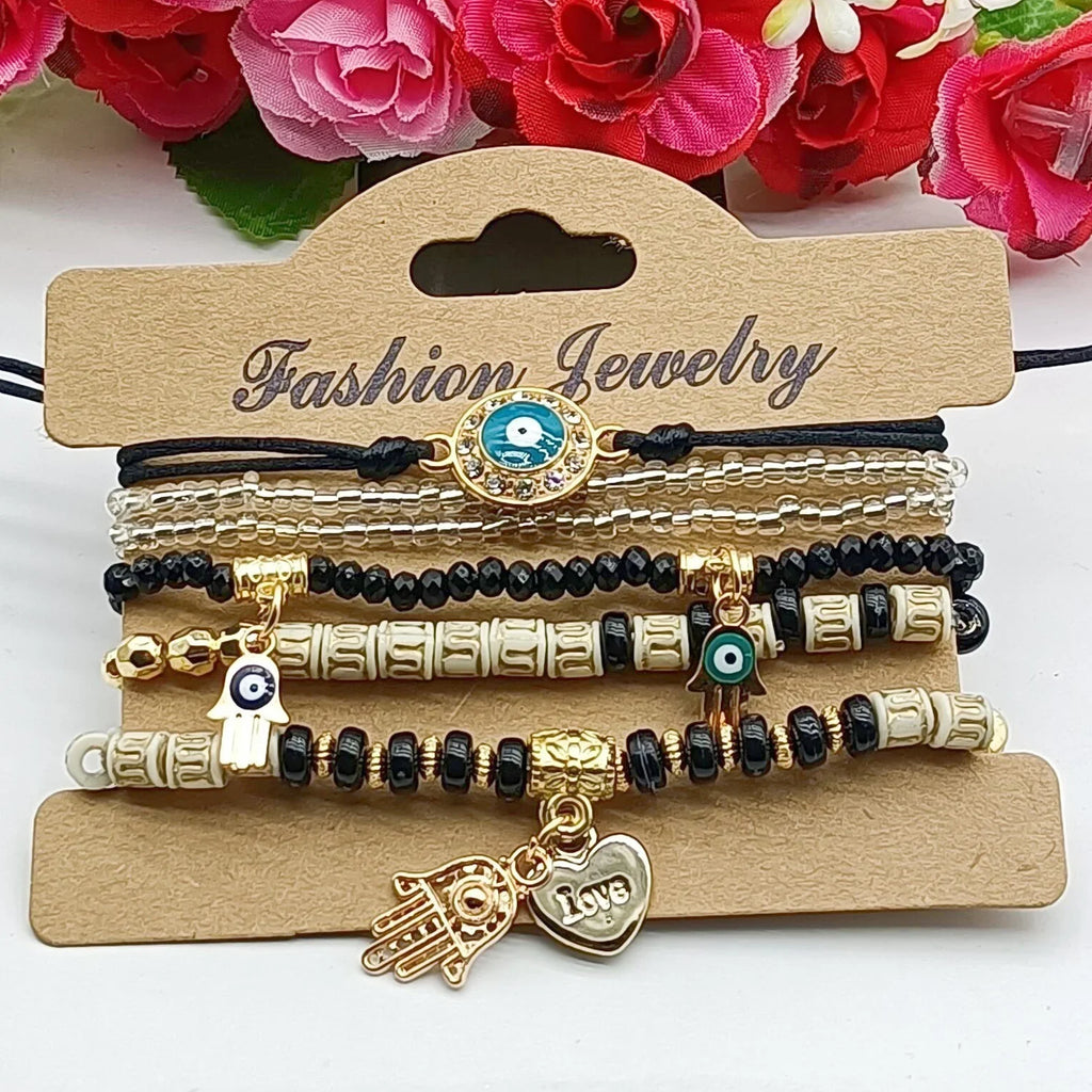 6Pcs Fatima Hand Evil Eye Bracelet Set For Women Heart Charm Beads Rope Chain Bangle Female Bohemian Handmade Jewelry Vera Lux